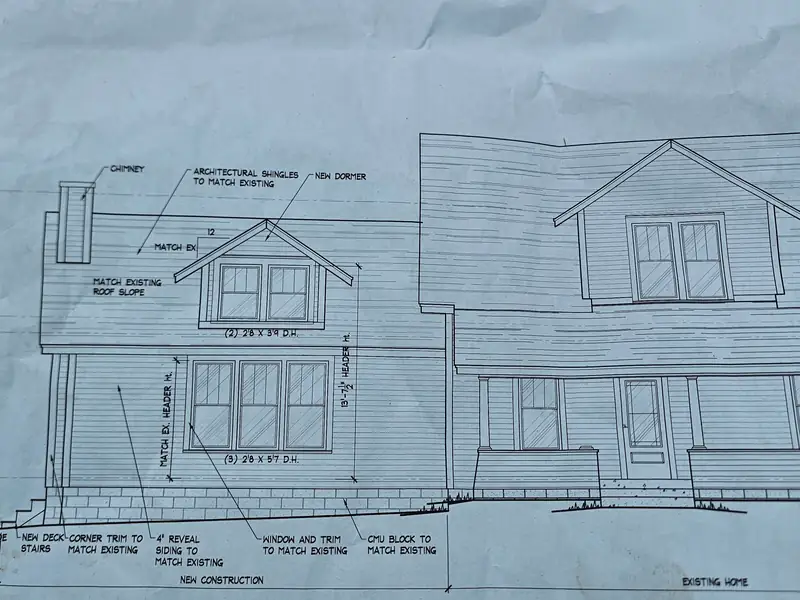 Marked-up architectural elevation drawing for a residential project