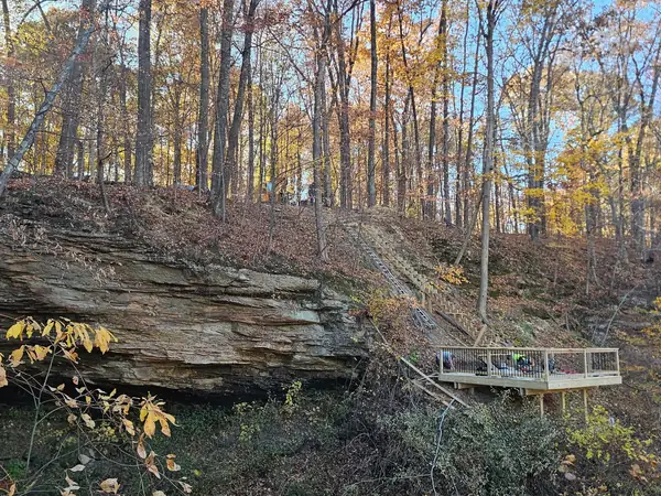 Steep wooded slope and exposed sandstone above the lake before construction