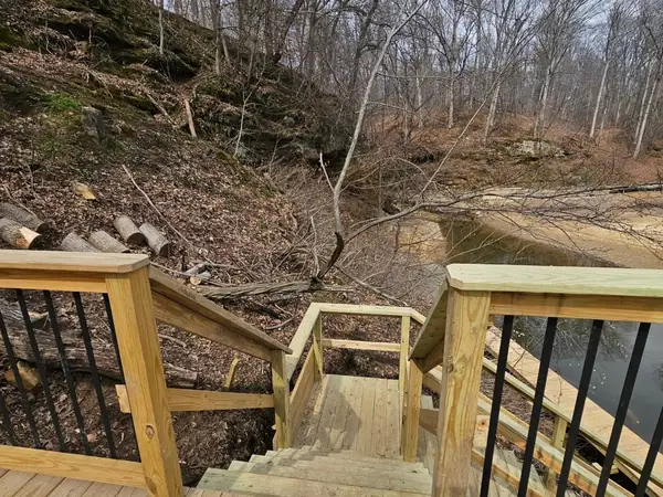 Finished timber stair landing and railing on the wooded slope